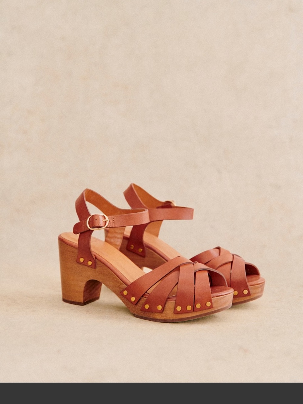 Sezane Cognac Leather Strappy Wedge Sandals